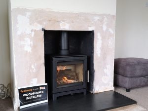Wood stove and slate hearth installation in Wiveliscombe, Somerset.